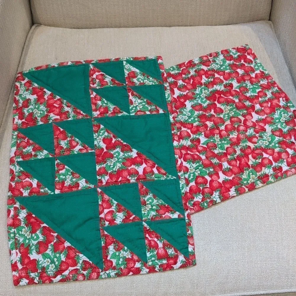 Vintage Hand Stitched Quilted Strawberry Placemats Set of 4